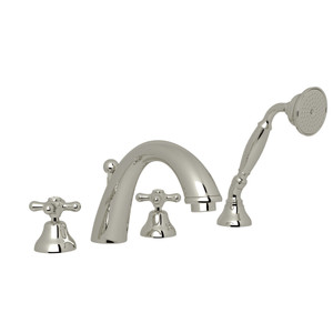 Verona 4-Hole Deck Mount C-Spout Tub Filler with Handshower - Polished Nickel with Cross Handle | Model Number: A2764XMPN - Product Knockout