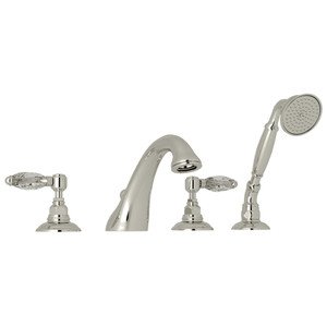 Viaggio 4-Hole Deck Mount C-Spout Tub Filler with Handshower - Polished Nickel with Crystal Metal Lever Handle | Model Number: A1464LCPN - Product Knockout