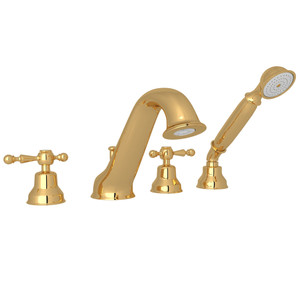 Arcana 4-Hole Deck Mount Tub Filler and Handshower - Italian Brass with Ornate Metal Lever Handle | Model Number: AC26L-IB - Product Knockout