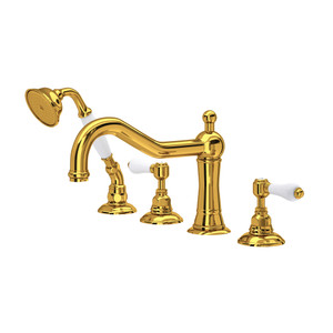 Acqui 4-Hole Deck Mount Column Spout Tub Filler with Handshower - Unlacquered Brass with White Porcelain Lever Handle | Model Number: A1404LPULB - Product Knockout