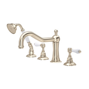 Acqui 4-Hole Deck Mount Column Spout Tub Filler with Handshower - Satin Nickel with White Porcelain Lever Handle | Model Number: A1404LPSTN - Product Knockout