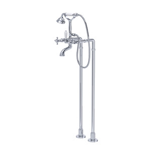 Exposed Floor Mount Tub Filler with Handshower and Floor Pillar Legs or Supply Unions - Polished Chrome with Cross Handle | Model Number: AKIT1401NXMAPC - Product Knockout