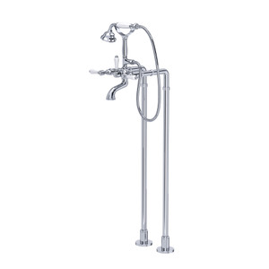 Exposed Floor Mount Tub Filler with Handshower and Floor Pillar Legs or Supply Unions - Polished Chrome with White Porcelain Lever Handle | Model Number: AKIT1401NLPAPC - Product Knockout