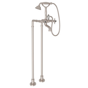 Exposed Floor Mount Tub Filler with Handshower and Floor Pillar Legs or Supply Unions - Satin Nickel with Crystal Cross Handle | Model Number: AKIT1401NXCSTN - Product Knockout