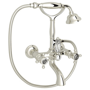 Exposed Wall Mount Tub Filler with Handshower - Polished Nickel with Crystal Cross Handle | Model Number: A1401XCPN - Product Knockout