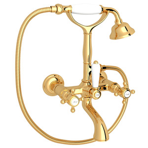 Exposed Wall Mount Tub Filler with Handshower - Italian Brass with Cross Handle | Model Number: A1401XMIB - Product Knockout