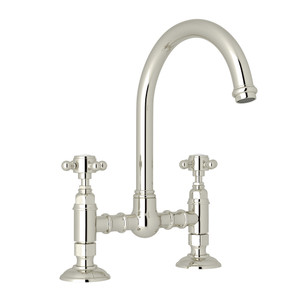 San Julio Deck Mount C-Spout Bridge Kitchen Faucet - Polished Nickel with Cross Handle | Model Number: A1461XMPN-2 - Product Knockout