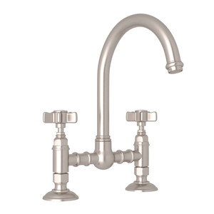 San Julio Deck Mount C-Spout Bridge Kitchen Faucet - Satin Nickel with Five Spoke Cross Handle | Model Number: A1461XSTN-2 - Product Knockout