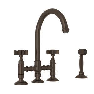 San Julio Deck Mount C-Spout 3 Leg Bridge Kitchen Faucet with Sidespray - Tuscan Brass with Five Spoke Cross Handle | Model Number: A1461XWSTCB-2 - Product Knockout