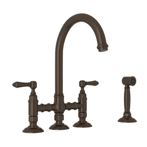 San Julio Deck Mount C-Spout 3 Leg Bridge Kitchen Faucet with Sidespray - Tuscan Brass with Metal Lever Handle | Model Number: A1461LMWSTCB-2 - Product Knockout