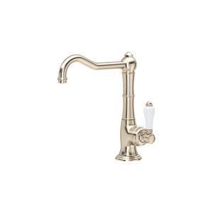 Cinquanta Single Hole Column Spout Bar and Food Prep Faucet - Satin Nickel with White Porcelain Lever Handle | Model Number: A3650/6.5LPSTN-2 - Product Knockout