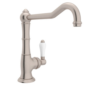 Cinquanta Single Hole Column Spout Kitchen Faucet with Extended Spout - Satin Nickel with White Porcelain Lever Handle | Model Number: A3650/11LPSTN-2 - Product Knockout