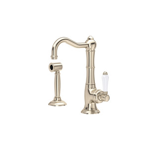 Cinquanta Single Hole Column Spout Kitchen Faucet with Sidespray - Satin Nickel with White Porcelain Lever Handle | Model Number: A3650LPWSSTN-2 - Product Knockout