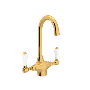 San Julio Single Hole C-Spout Bar and Food Prep Faucet - Italian Brass with White Porcelain Lever Handle | Model Number: A1667LPIB-2 - Product Knockout