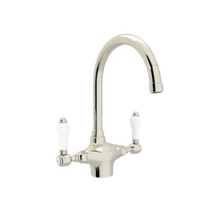 San Julio Single Hole C-Spout Kitchen Faucet - Polished Nickel with White Porcelain Lever Handle | Model Number: A1676LPPN-2 - Product Knockout