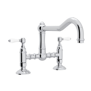 Acqui Deck Mount Column Spout Bridge Kitchen Faucet - Polished Chrome with White Porcelain Lever Handle | Model Number: A1459LPAPC-2 - Product Knockout