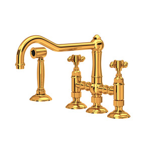 Acqui Deck Mount Column Spout 3 Leg Bridge Kitchen Faucet with Sidespray - Italian Brass with Cross Handle | Model Number: A1458XMWSIB-2 - Product Knockout