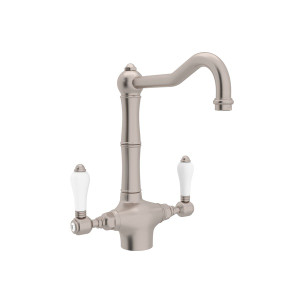 Acqui Single Hole Column Spout Kitchen Faucet - Satin Nickel with White Porcelain Lever Handle | Model Number: A1679LPSTN-2 - Product Knockout