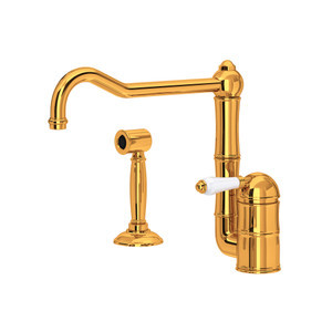 Acqui Single Hole Column Spout Kitchen Faucet with Sidespray and Extended Spout - Italian Brass with White Porcelain Lever Handle | Model Number: A3608/11LPWSIB-2 - Product Knockout