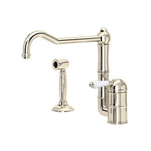 Acqui Single Hole Column Spout Kitchen Faucet with Sidespray and Extended Spout - Polished Nickel with White Porcelain Lever Handle | Model Number: A3608/11LPWSPN-2 - Product Knockout