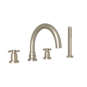 Holborn 4-Hole Deck Mount Tubular C-Spout Bathtub Filler with Handshower - Satin Nickel with Cross Handle | Model Number: U.3976X-STN - Product Knockout