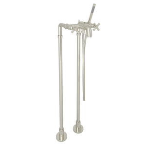 San Giovanni Exposed Floor Mount Tub Filler with Handshower and Floor Pillar Legs or Supply Unions - Polished Nickel with Cross Handle | Model Number: AKIT2302NXMPN - Product Knockout