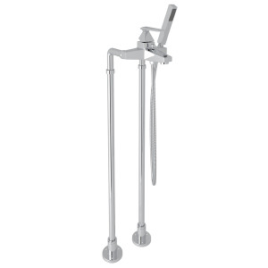 Vincent Exposed Floor Mount Tub Filler with Handshower and Floor Pillar Legs or Supply Unions - Polished Chrome with Metal Lever Handle | Model Number: AKIT3001NLVAPC - Product Knockout