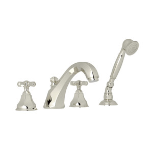 Palladian 4-Hole Deck Mount Tub Filler with Handshower - Polished Nickel with Cross Handle | Model Number: A1904XMPN - Product Knockout