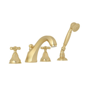 Palladian 4-Hole Deck Mount Tub Filler with Handshower - Satin Unlacquered Brass with Cross Handle | Model Number: A1904XMSUB - Product Knockout