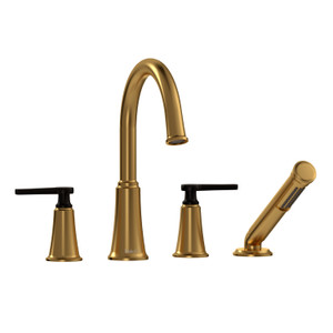 Momenti 4-Hole Deck Mount Tub Filler with C-Spout  - Brushed Gold and Black with J-Shaped Handles | Model Number: MMRD12JBGBK - Product Knockout