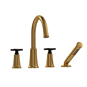Momenti 4-Hole Deck Mount Tub Filler with C-Spout  - Brushed Gold and Black with X-Shaped Handles | Model Number: MMRD12XBGBK - Product Knockout