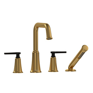 Momenti 4-Hole Deck Mount Tub Filler with U-Spout  - Brushed Gold and Black with J-Shaped Handles | Model Number: MMSQ12JBGBK - Product Knockout