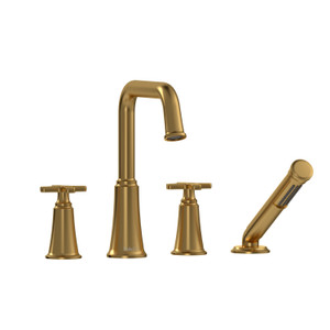 Momenti 4-Hole Deck Mount Tub Filler with U-Spout  - Brushed Gold with X-Shaped Handles | Model Number: MMSQ12XBG - Product Knockout