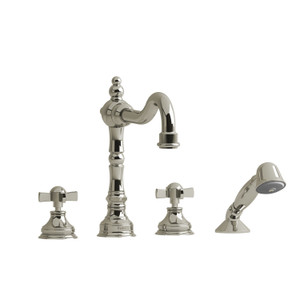 Retro 4-Hole Deck Mount Tub Filler  - Polished Nickel with X-Shaped Handles | Model Number: RT12XPN - Product Knockout