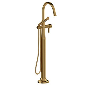 Momenti Single Hole Floor Mount Tub Filler Trim with C-Spout  - Brushed Gold with J-Shaped Handles | Model Number: TMMRD39JBG - Product Knockout