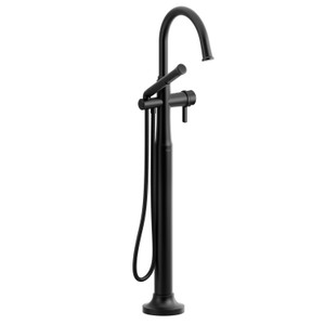 Momenti Single Hole Floor Mount Tub Filler Trim with C-Spout  - Black with J-Shaped Handles | Model Number: TMMRD39JBK - Product Knockout