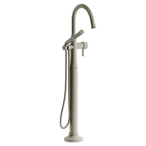Momenti Single Hole Floor Mount Tub Filler Trim with C-Spout  - Brushed Nickel with J-Shaped Handles | Model Number: TMMRD39JBN - Product Knockout