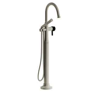 Momenti Single Hole Floor Mount Tub Filler Trim with C-Spout  - Brushed Nickel and Black with J-Shaped Handles | Model Number: TMMRD39JBNBK - Product Knockout