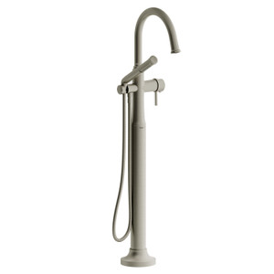 Momenti Single Hole Floor Mount Tub Filler Trim with C-Spout  - Brushed Nickel with Lever Handles | Model Number: TMMRD39LBN - Product Knockout