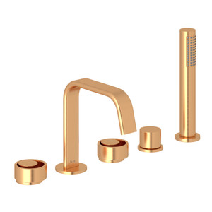 Eclissi 5-Hole Deck Mount Tub Filler - U-Spout - Satin Gold with Circular Handle | Model Number: EC05D5IWSG - Product Knockout