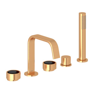 Eclissi 5-Hole Deck Mount Tub Filler - U-Spout - Satin Gold with Matte Black Accent with Circular Handle | Model Number: EC05D5IWSGB - Product Knockout