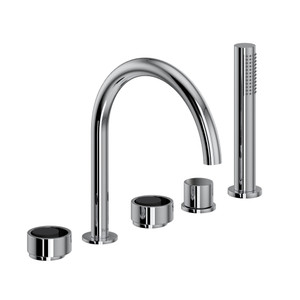 Eclissi 5-Hole Deck Mount Tub Filler - C-Spout - Polished Chrome with Matte Black Accent with Circular Handle | Model Number: EC06D5IWPCB - Product Knockout