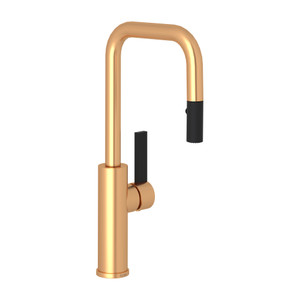 Tuario Pulldown Bar and Food Prep Faucet - U Spout - Satin Gold with Matte Black Accents with Lever Handle | Model Number: TR66D1LBSG - Product Knockout