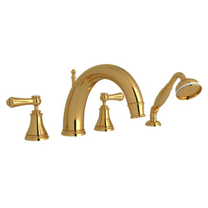 Georgian Era 4-Hole Deck Mount C-Spout Tub Filler with Handshower - Unlacquered Brass with White Porcelain Lever Handle | Model Number: U.3648LSP-ULB - Product Knockout