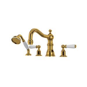 Edwardian 4-Hole Deck Mount Column Spout Tub Filler with Handshower - Unlacquered Brass with Metal Lever Handle | Model Number: U.3745L-ULB - Product Knockout