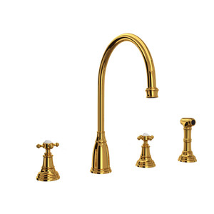 Georgian Era 4-Hole C-Spout Kitchen Faucet with Sidespray - Unlacquered Brass with Cross Handle | Model Number: U.4735X-ULB-2 - Product Knockout
