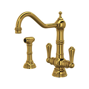 Edwardian Single Hole Kitchen Faucet with Lever Handles and Sidespray - Unlacquered Brass with Metal Lever Handle | Model Number: U.4766ULB-2 - Product Knockout