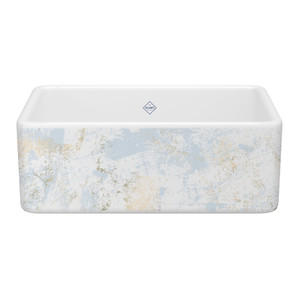 Shaker™ 30" Single Bowl Farmhouse Apron Front Fireclay Kitchen Sink With Patina Design - Patina in Blue/Gold | Model Number: MS3018WHPTBG