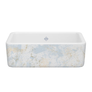 DISCONTINUED Lancaster™ 30" Single Bowl Farmhouse Apron Front Fireclay Kitchen Sink With Patina Design - Patina in Blue/Gold | Model Number: RC3018WHPTBG