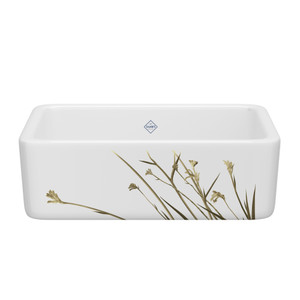 30 Inch Lancaster Single Bowl Farmhouse Apron Front Fireclay Kitchen Sink With Wild Grass Design - White With Design | Model Number: RC3018WHWGGO - Product Knockout